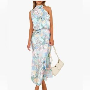 PRETTYGARDEN Women’s Soft Satin Dress Elegant‎ Sleeveless Mock Neck Size L NWOT